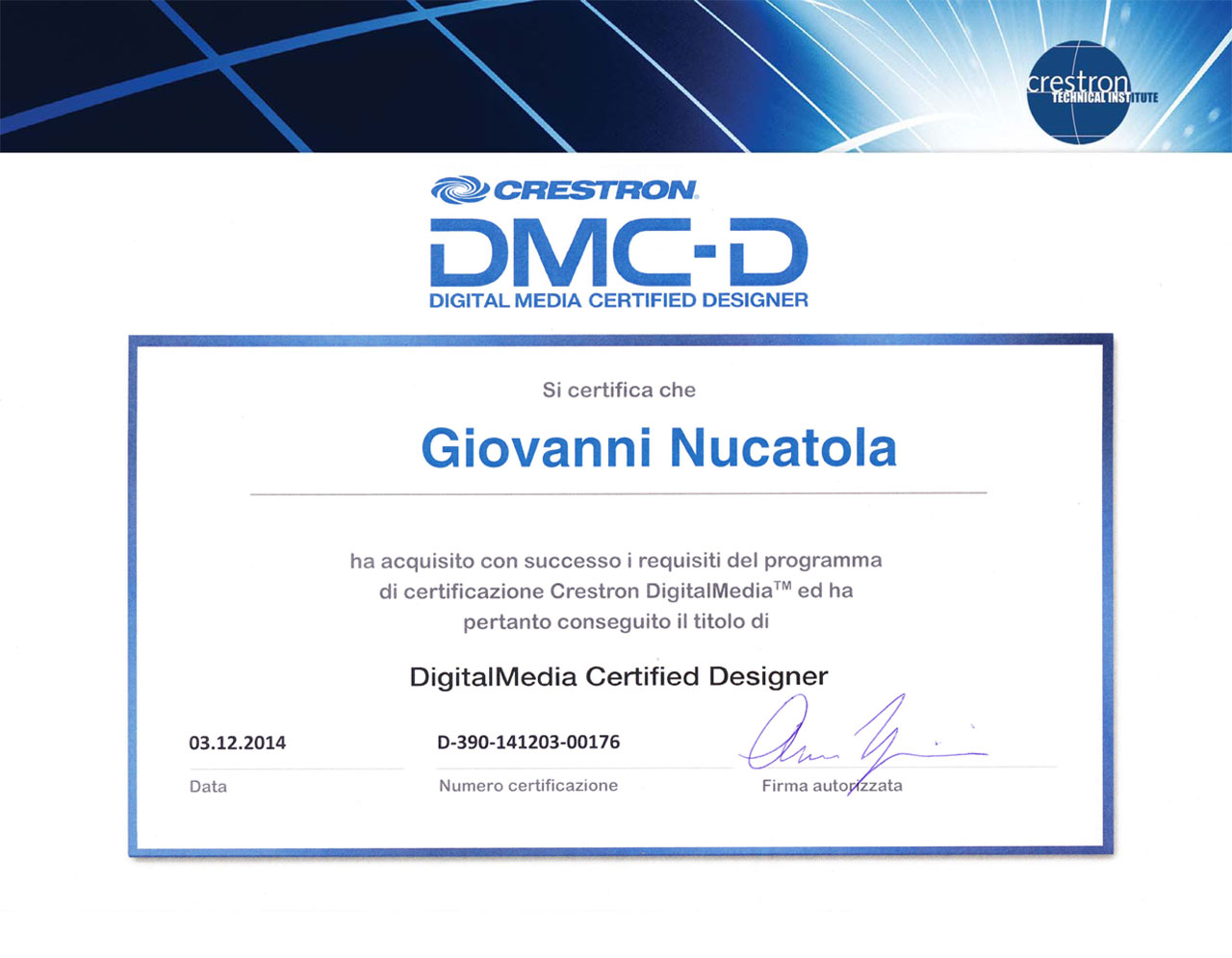 Giovanni Nucatola, G2M Sistemi, DMC-D Crestron certified