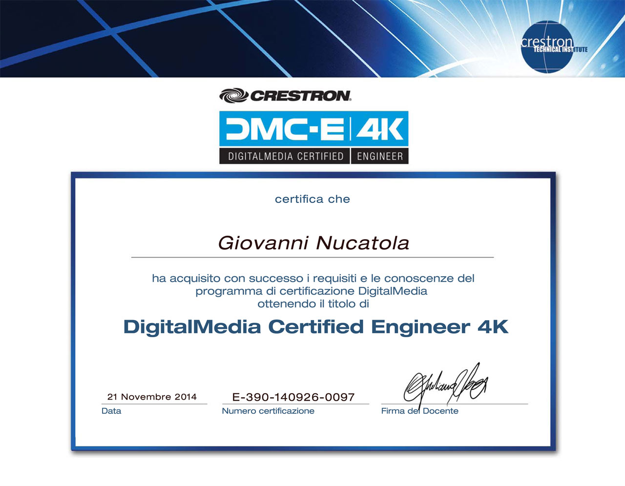 Giovanni Nucatola, G2M Sistemi, DMC-E 4K Crestron certified